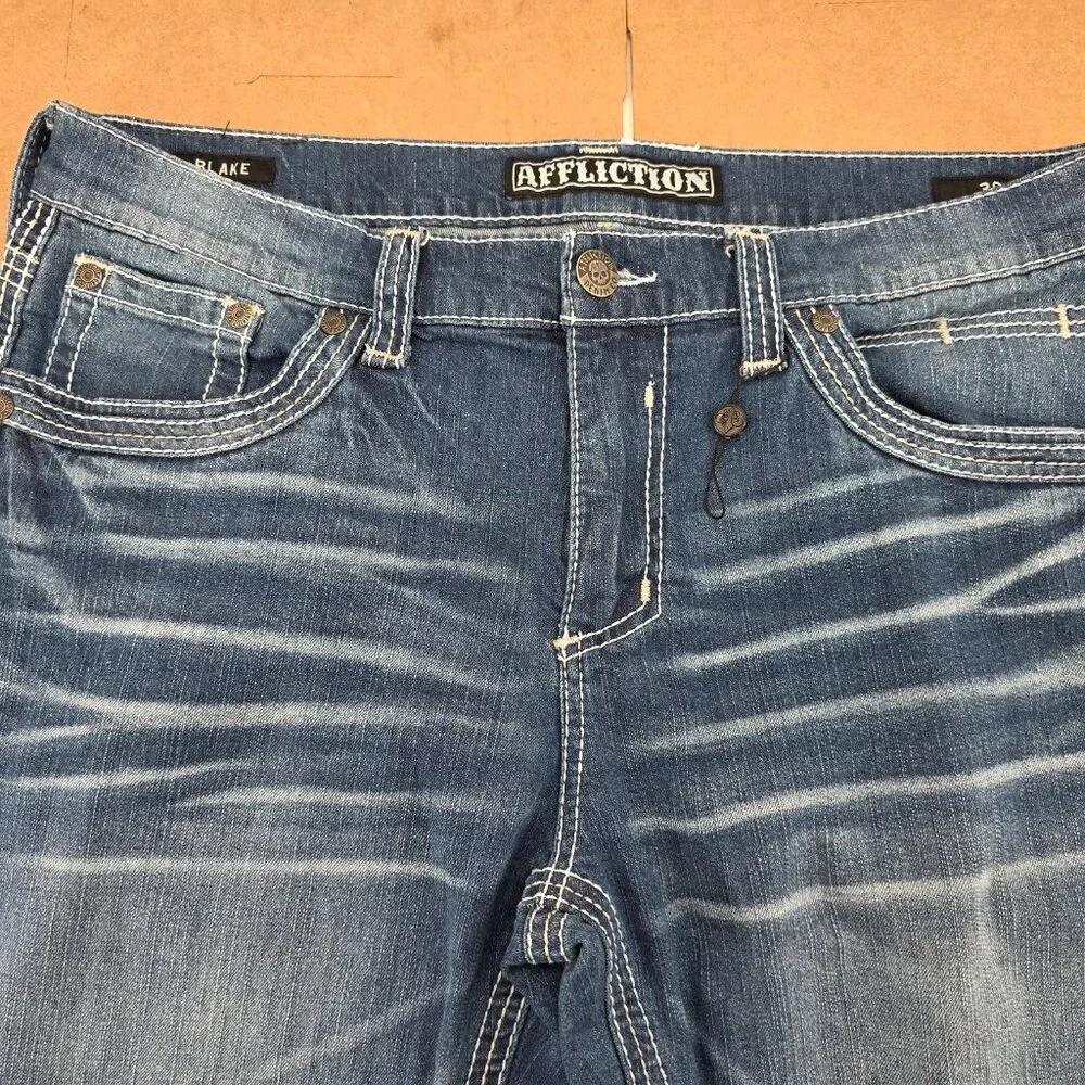 AFFLICTION Blake Mens Size 36 Stretch Thick Stitch Denim Jeans Straight Leg Blue